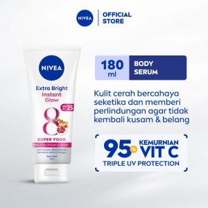 NIVEA Body Serum Extra Bright Instant Glow SPF 25 180ml - Hand body serum lotion moisturizer mencerahkan kulit kusam bercahaya badan glowing brightening tone up melembabkan kering SPF UV - 95% Vitamin C UVA UVB Filter 8 Super food Pearl extract