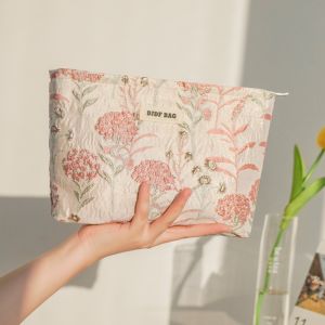 MAYIT Dung lượng lớn Túi trang điểm Thêu hoa Màu kem Túi mỹ phẩm Di động Khóa Túi đựng đồ vệ sinh cá nhân và chăm sóc da Du lịch