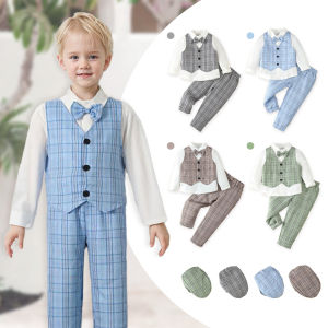 Lontakids กางเกงเสื้อลายสก๊อตเด็กผู้ชายชุดสูททางการเด็กวัยหัดเดิน5ชิ้นกางเกงสีขาวเสื้อเชิ้ตพร้อมหมวกผูกโบว์ชุดสุภาพบุรุษชุดปาร์ตี้วันเกิดงานแต่งงานของเด็ก