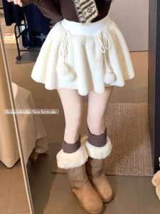 COD sweet bow strap hairball suede skirt girl style elastic waist age-reducing plush skirt 98192026 new product