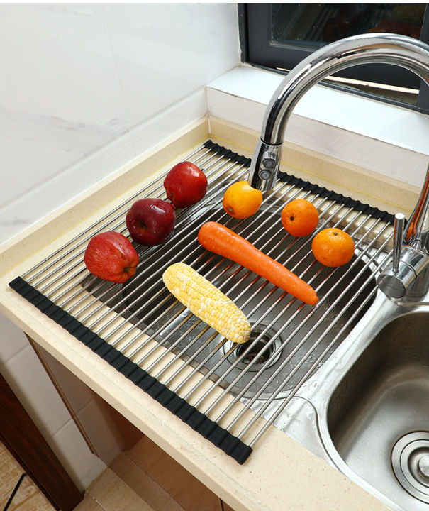 UNITEN Roll-Up Sink Rack Dish Drying Rack Sink Dish Storage Rack Kitchen  Shelf Stainless Steel Silastic Framework Foldable Multifunctional Extra  Large