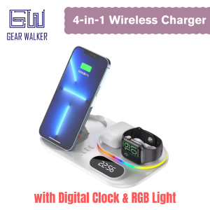 GEAR WALKER 4-in-1 Wireless Charger with RGB Light & Digital Clock 15W Fast Charging Magnetic Dock Station for iPhone iWatch AirPods Android Smartphones