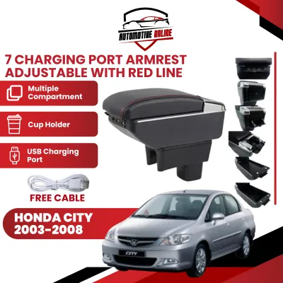Honda City 2003-2008 ARMREST ADJUSTABLE 7 USB CHARGING PORT WITH RED LINE