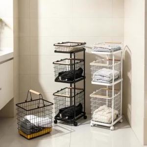 Sacesr Multilayer Laundry Baskets with Wheels Hollow Out Ironwork Laundry Baskets Multifunctional Storage Basket Home Storage Furniture 9T1N6
