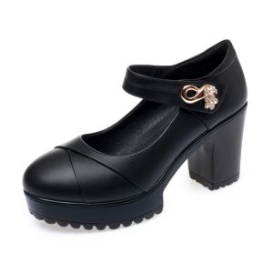 Size 35-41 Womens Fashion Black Leather Shoes Thick Heels Velcro High Heels Thick Sole Sandals