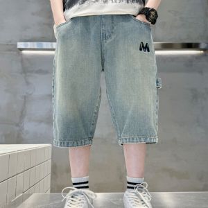 Short Jeans for Kids Boys Outfit Cool New Summer Korean Style 6-17yrs Fashionable Versatile Comfortable Fabric Elastic Waist Straight Leg Maong Boys Denim Shorts Letter Embroidery