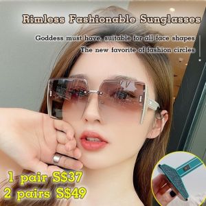 【Fast ship】Womens Fashion Sunglasses Uv Protection Large Frame Slim Face Square Frame Rimless Glasses Frameless Fashion Sunglasses Fashion Large Frame Anti-UV Sunglasses