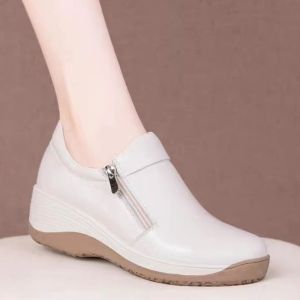Leather Lightweight 4cm Soft Sole Side Zippered Womens Wedges Shoes New Comfortable Thick Sole Casual Shoes