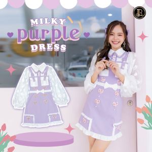 BLT BRAND การันตีเสื้อผ้าแบรนด์แท้ มินิเดรสสั้น สีม่วงแขนยาวสีขาว VIOLET HEART ใส่เที่ยวใส่ไปคาเฟ่