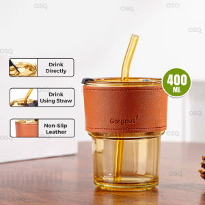 OSQ 400ml Double Glass Heat Resistant Lid Cup Mug W/ Straw & Protective Sleeve For Coffee & Juice