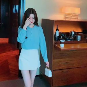 Ammin 2024 phong cách Hàn Quốc xù cổ tròn thời trang cổ điển kết cấu hoa dệt trực tiếp cotton áo mùa xuân dài tay nữ áo chui đầu Áo Blouse thanh lịch