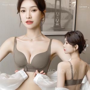 MOMO Women Front Buckle Gathering Bra Seamless Push Up Bra No Steel Ring Anti-sagging Bralette