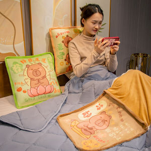 JOJO CASTLE Cute Capybara Animal Pillow 2 In 1 Cushion Pillow with Blanket 40/45cm Foldable Cartoon Brown Quit Capybara Traveling Blanket Bed Office Nap for Kids Grownups 水豚鼠 卡皮巴拉