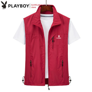 PLAYBOY Mens Vest Spring Autumn Outdoor Leisure Fashion Multi Pocket Standing Neck Waterproof Vest Sports Tank Top