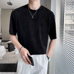 Ielgy Áo thun ngắn tay áo sơ mi kẻ sọc thường ngày dáng rộng phong cách Hàn Quốc Lụa băng cho nam