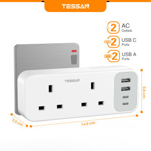 TESSAN Extension Plug Adaptor USB Plug Socket 2 USB-C Ports and 2 UK Outlets 13A 3250W For Kitchen/Bedroom/Living Room
