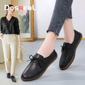 DOSREAL Spring Autumn Women Shoes Genuine Lace-up Leather  Women Oxford Shoes WhiteBlack flats shoes Ladies casual ladies driving shoes