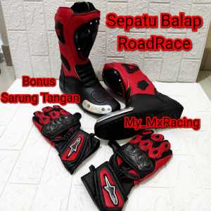 sepatu roadrace bonus sarung- sepatu balap RED - sepatu touring keren - sepatu harian - bots drag or cornering - not cross trail -sepatu bots safety terlaris enduro hard - sepatu harian keren - kualitas premium jahitan rapih - original produk negeri -