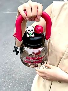 Cute Panda Straw Water Cup with Two Drinking Mouths Portable Large Capacity Water Bottle for Outside