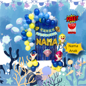 Dekorasi Balon Set Tema Hewan Laut Baby Shark Balon Paket Ulang Tahun Anak Tema Biru Ocean Under The Sea Lautan Ikan
