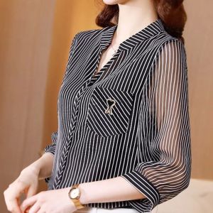 3/4 Sleeve Shirt Women 2021 Summer New Chiffon Blouse Casual Womens Striped Shirt