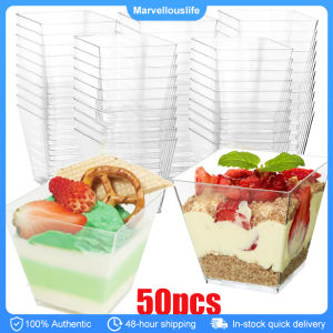 50pcs Disposable Plastic Mousse Cup 2oz Square Clear Dessert Cups for Jelly Mousse Ice Cream