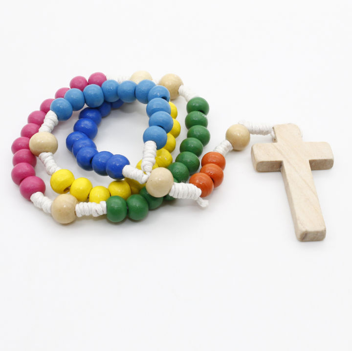 Assorted Color Wooden Prayer Bead Cord Rosary with Latin Cross, 11 Inch,  Pack of 24