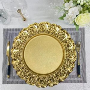 13in Golden Elegant Dinner Charger Plates Baroque Victorian Embossed design Wedding Hotel Party Craft Tray Kitchenware Fruit Cake Plates