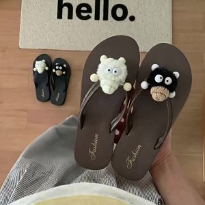 [Free Shipping] New Black Cat Thick-Soled Flip-Flops Height-Increasing Wedge Heel Non-Slip Slippers Fashionable Cartoon Cute Versatile Beach Slippers