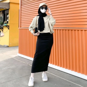 Rok Span Panjang Salur Putih Hitam Bahan Scuba Rok Span Polos Kerja Rok Sekolah Rok Spg