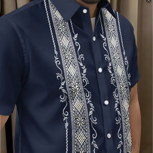 2026 Mens Barong Tagalog Modern Short Sleeve Shirt with White Embroidery Navy Blue Formal and Casual Wear