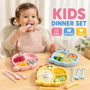 Kids Dinner Plate Set Divided Baby Tableware Bowl Spoon Fork Dinosaur Portable Feeding Set