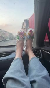 [Free Shipping] Butterfly flower crystal shoes soft-soled half-slippers closed-toe flat shoes transparent 2026 crystal home shoes for women