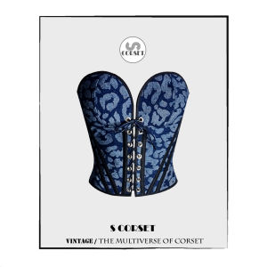 Blue Denim Leopard print Full Cup Front open Long Corset S.corset