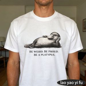[Local Stock] HBESTY  BE WEIRD BE PROUD BE A PLATYPUS Retro Platypus Line Art Print Men Cotton Crew Neck Short Sleeve Unique Animal Hobby Party Tops