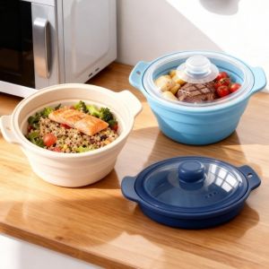 SJJL MALL Food Grade Silicone Collapsible Steaming Pot Heat-resistant Foldable Silicone Steamer Cooking Container 1.25L Large Microwave Steamer Bowl Household Use
