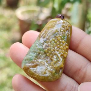 Rare quality Yellow with reddish brown and green Natural Type A Jadeite Jade crafted with sceneries as pendant certificate weigh 11.38 grams measurement 45.6 * 24.3 * 5.2 mm (pendant216)