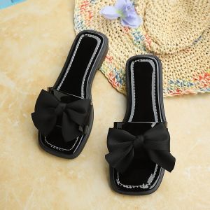 [Free Shipping] Square-Toed Womens Sandals 2026 Summer New Fashion Simple Bow Decorated One-Strap Womens Sandals