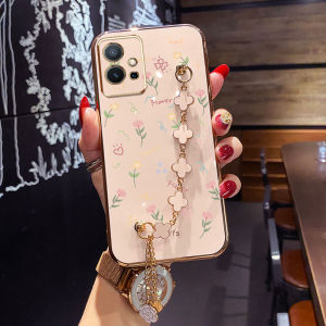 YBD Phone Case For Vivo Y75 5G Y55 5G T1 5G IQOO Z6 5G Y30 5G Casing Fashion Full Screen Flower Pattern Beautiful Cute girl style cover with Four Leaf Clover Bracelet