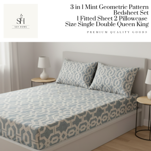 SevHome 3 in 1 Mint Geometric Pattern Bedding Set Bedsheet Garterized Bed Sheet 1 Fitted Sheet cover 2 Pillow Case Size Single Double Queen King