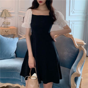 Spring Summer Red Dresses For Women Puff Sleeves Slim High Waist A-line Dress For Women
