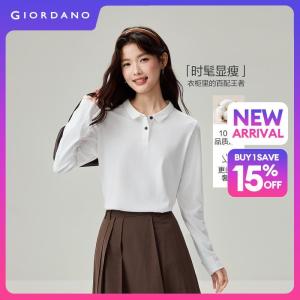Giordano Beau Monde Women 100% cotton thin collar long sleeve polo shirt Free Shipping 13316607