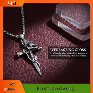 HB Vintage Rose Cross Pendant Necklace for Women Men Punk Goth Style Adjustable Chain Jewelry Gift Accessory for Party