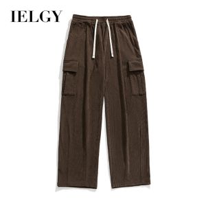 IELGY Corduroy casual pants for men autumn and winter retro loose workwear pockets and pleated design trousers at the feet