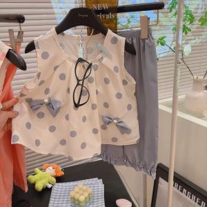 AILEBE Kids Sets Terno For Baby Girls Cotton Sleeveless Plaid Flower Print Lace Trim Top And Shorts Set Soft Breathable Sweat-Absorbent Turn Down Collar Casual OOTD Pambahay Pang Gala Summer Home Outdoor Party