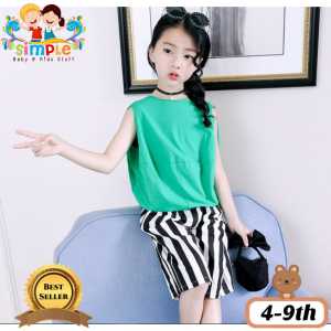 Setelan Anak Perempuan Impor Simple Kutung Celana Kulot Garis Garis Baju Kasual Musim Panas size 4-9th / Baju Impor Anak Bahan Katun Tebal Melar