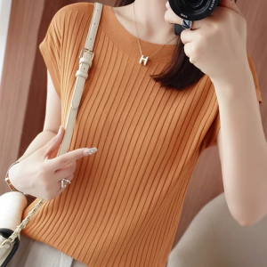 SKI Knitted T-shirt for Women Short Sleeve Knitted Top Unique Round Neck Loose Short Sleeve T-shirt