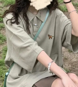 COCOEPPS Áo Thun Ngắn Tay Có Ve Áo Màu Đỏ Phong Cách Harajuku BF Mùa Hè Áo Nữ Dáng Rộng Siêu Hot Phong Cách Instagram TT