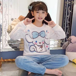 2Pcs Sanrio Cinnamoroll Fall Winter Kids Pajamas Flannel Sets Women Home Clothes Cartoon Warm Kuromi Parent Child Sleepwear Gift
