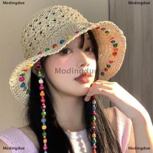 [COD] Modingdue Fashionable Colorful Wooden Bead Straw Hat For Women In Summer With Large Hollow Brim Sun Hat Foldable Fisherman Hat